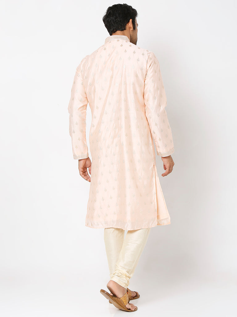 Men's Peach Polyester Floral Kurta & Pyjama Sets