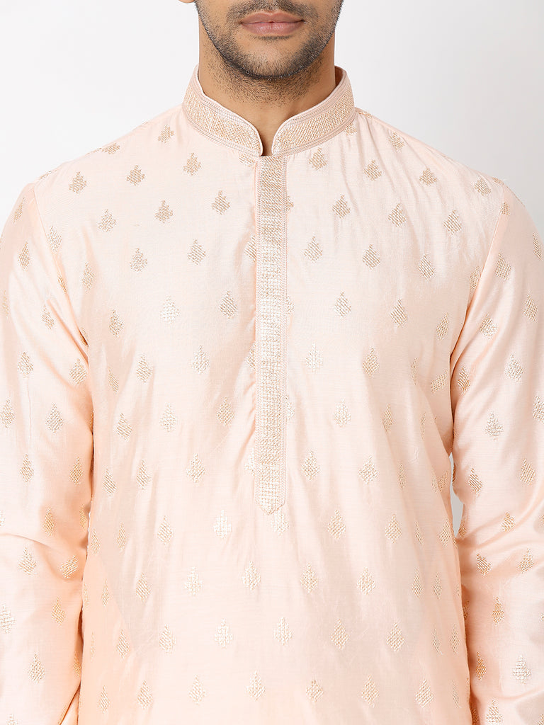 Men's Peach Polyester Floral Kurta & Pyjama Sets