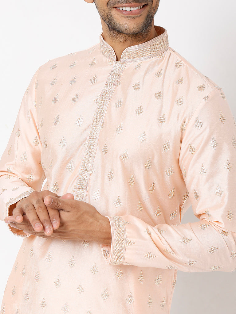 Men's Peach Polyester Floral Kurta & Pyjama Sets