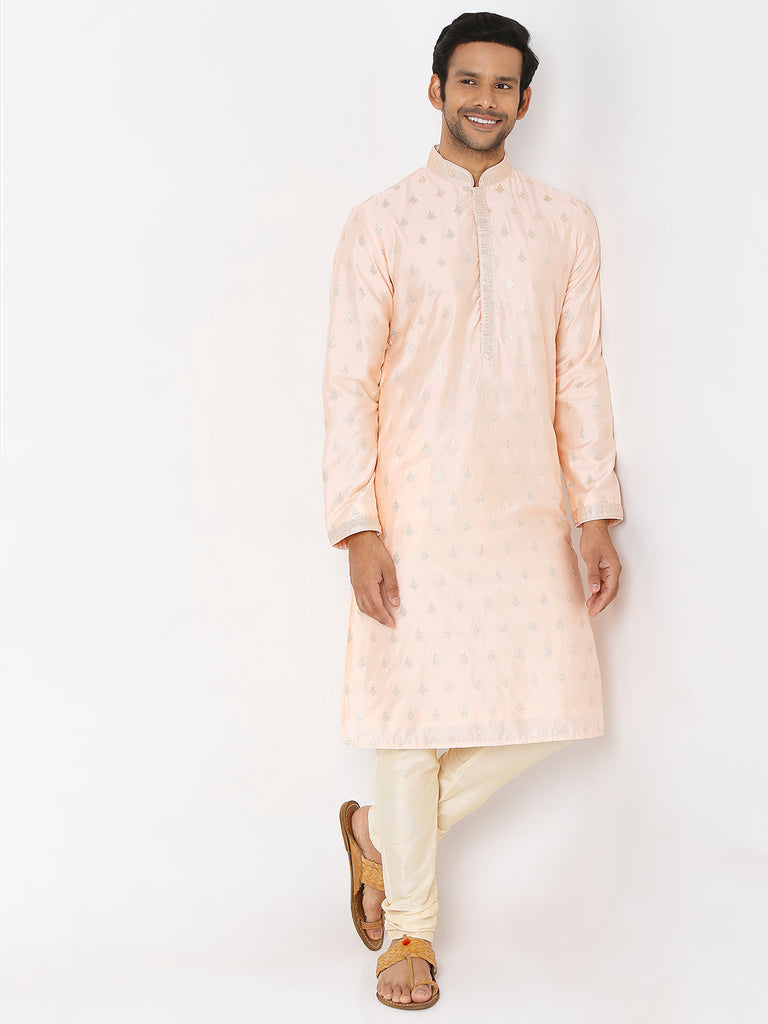 Men's Peach Polyester Floral Kurta & Pyjama Sets