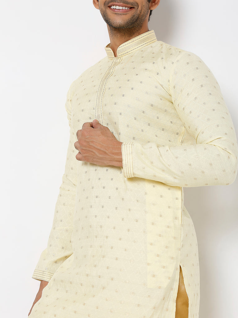 Men's Peach and Yellow Polyester Froral Kurta & Pyjama Sets