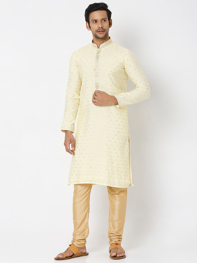 Men's Peach and Yellow Polyester Froral Kurta & Pyjama Sets
