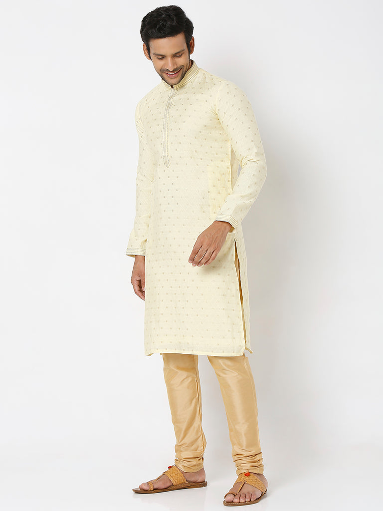 Men's Peach and Yellow Polyester Froral Kurta & Pyjama Sets