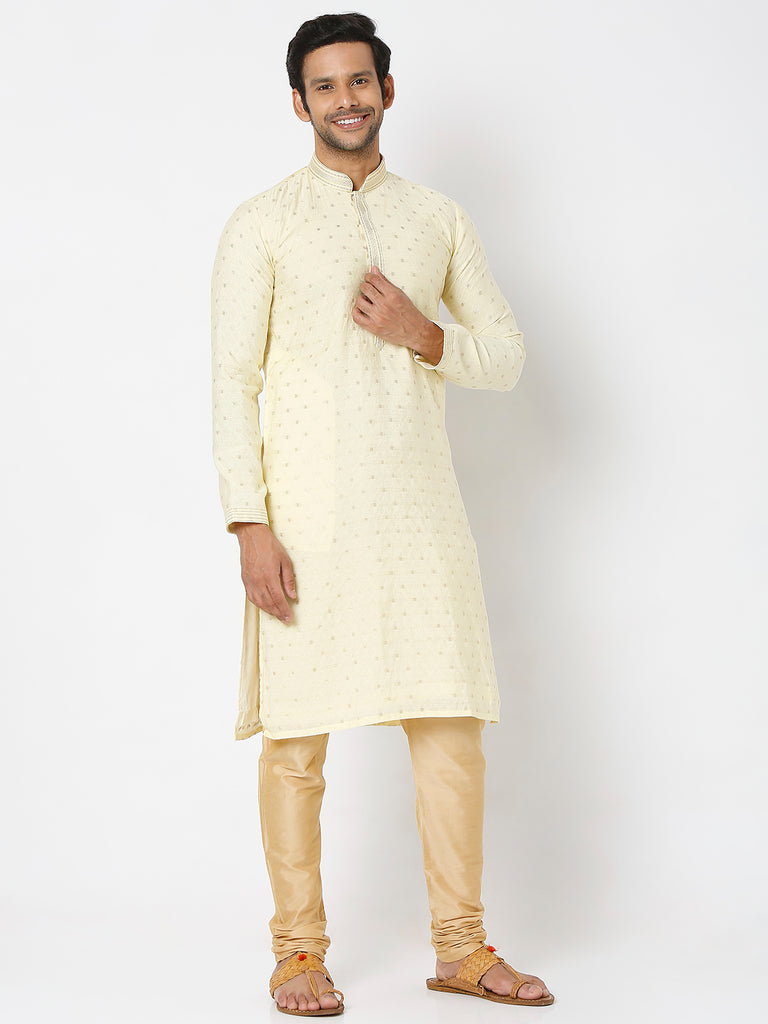 Men's Peach and Yellow Polyester Froral Kurta & Pyjama Sets