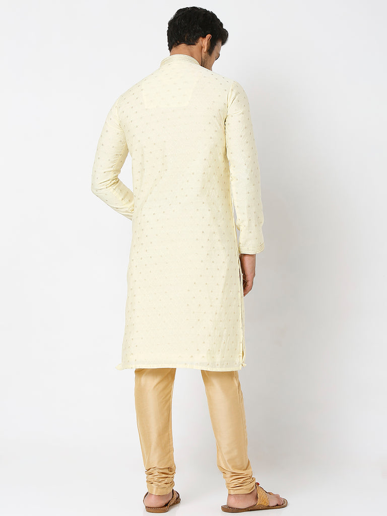 Men's Peach and Yellow Polyester Froral Kurta & Pyjama Sets