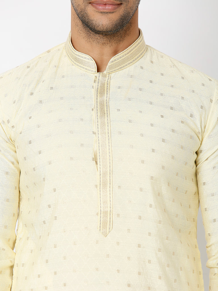 Men's Peach and Yellow Polyester Froral Kurta & Pyjama Sets