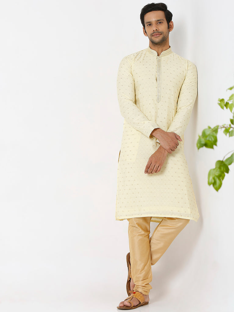 Men's Peach and Yellow Polyester Froral Kurta & Pyjama Sets