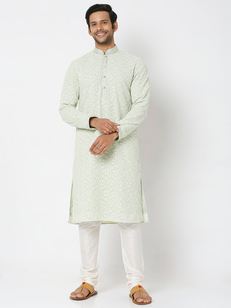Men's Pista Polyester Floral Kurta & Pyjama Sets