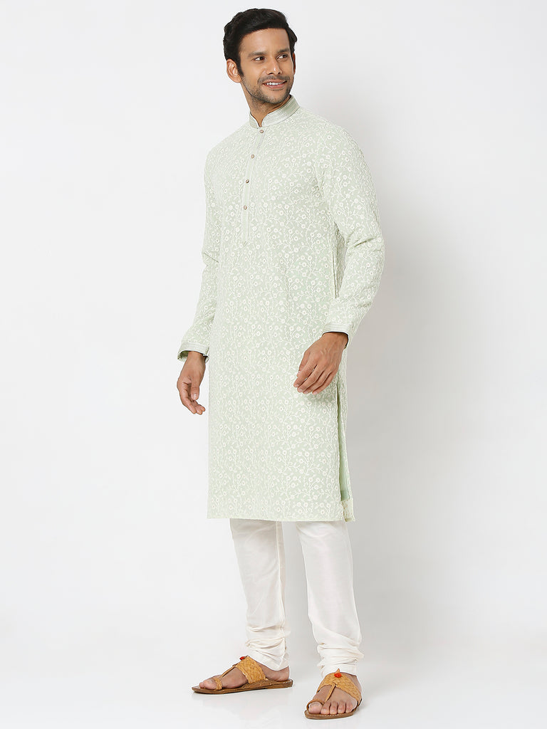 Men's Pista Polyester Floral Kurta & Pyjama Sets