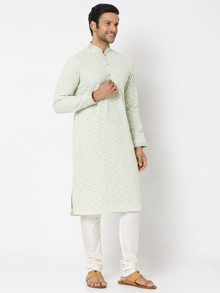 Men's Pista Polyester Floral Kurta & Pyjama Sets