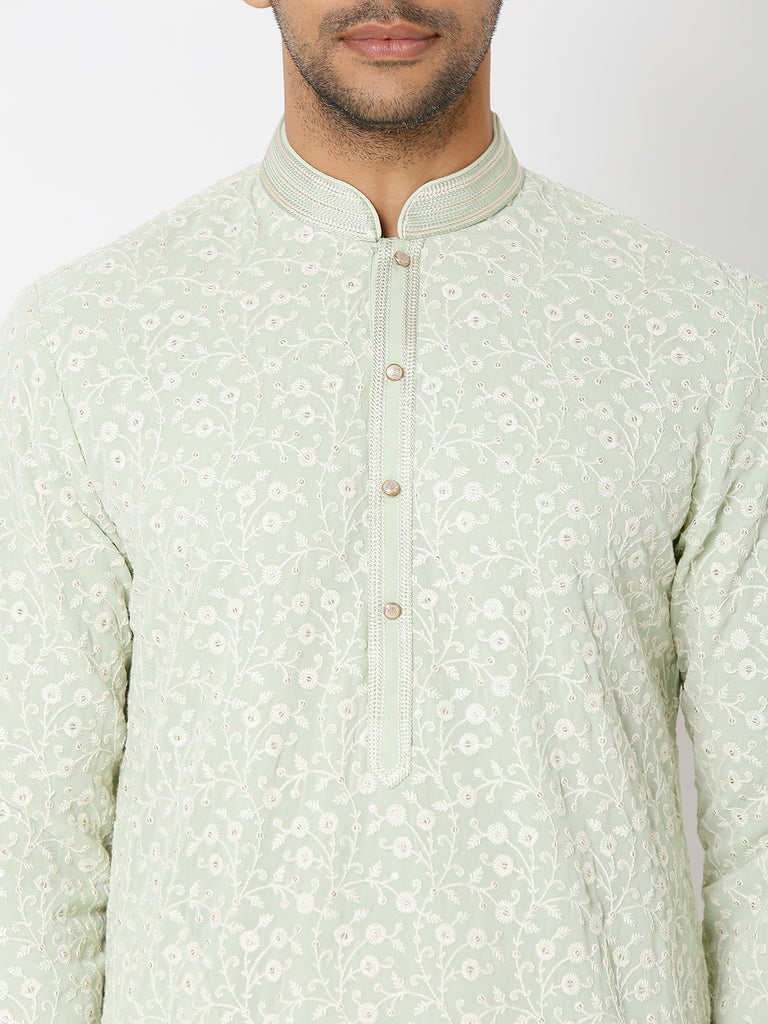 Men's Pista Polyester Floral Kurta & Pyjama Sets