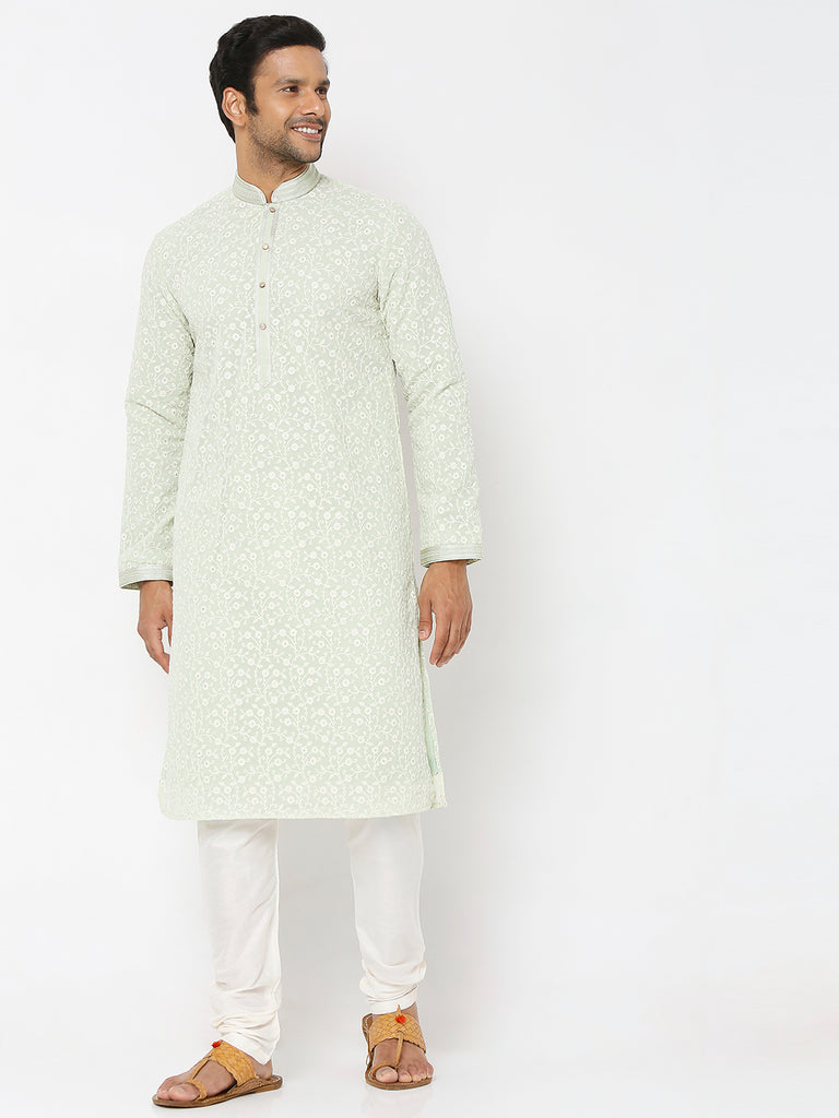 Men's Pista Polyester Floral Kurta & Pyjama Sets