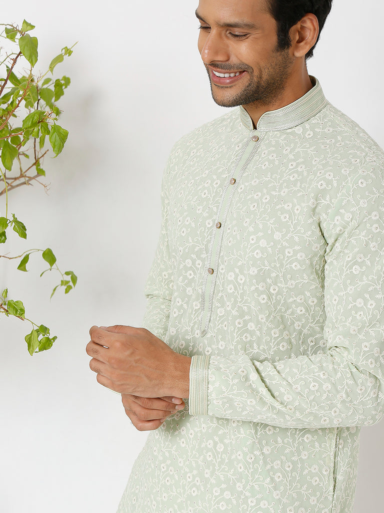 Men's Pista Polyester Floral Kurta & Pyjama Sets