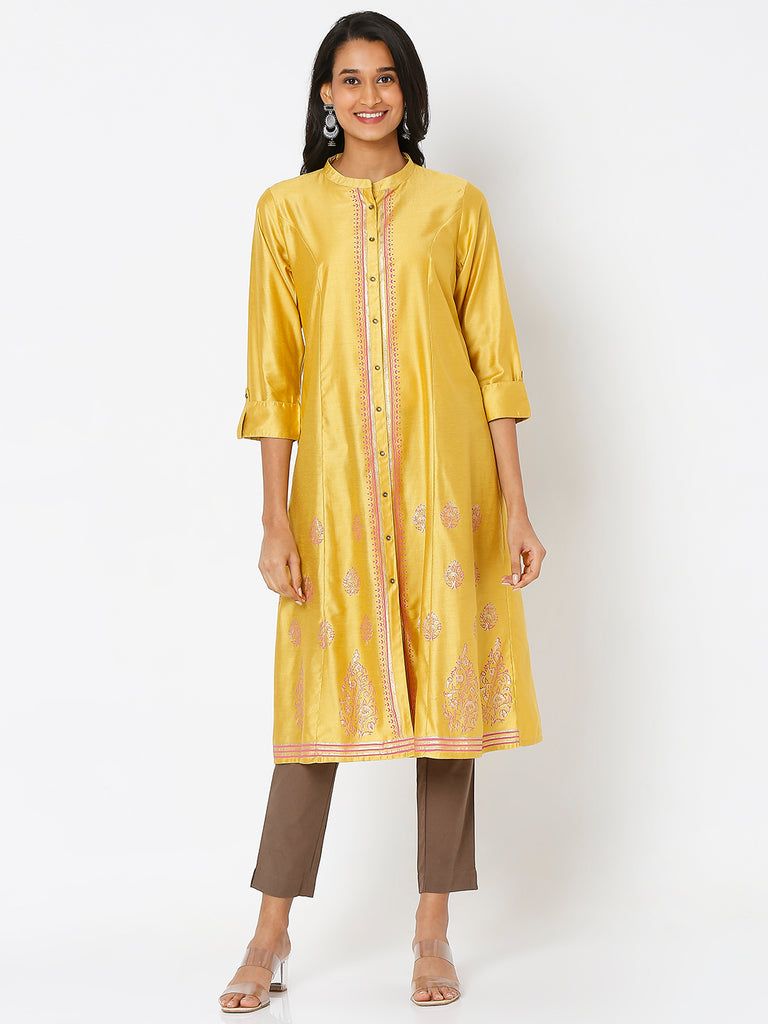 Women's Mustard Art Silk Printed Kurta