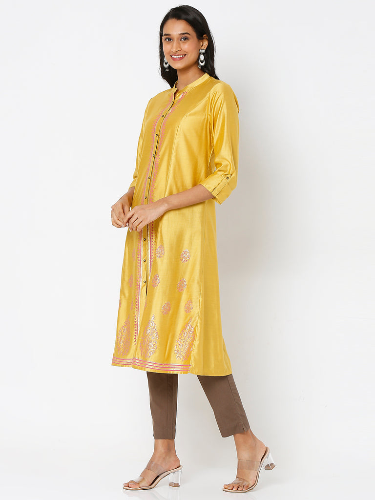 Women's Mustard Art Silk Printed Kurta