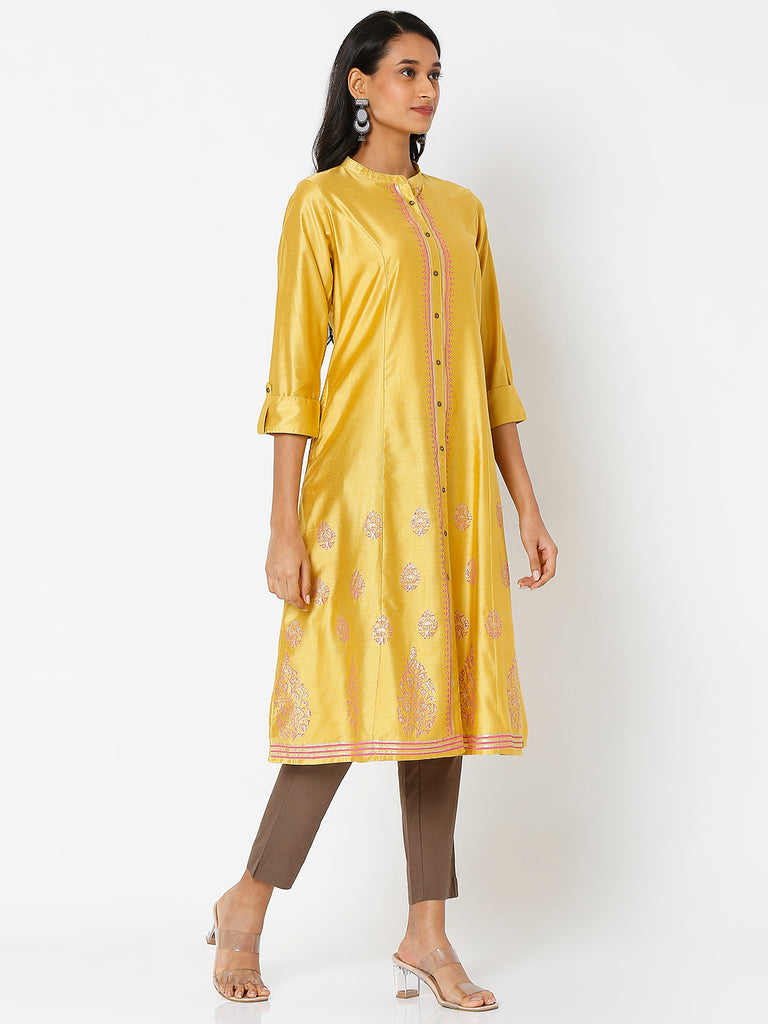 Women's Mustard Art Silk Printed Kurta