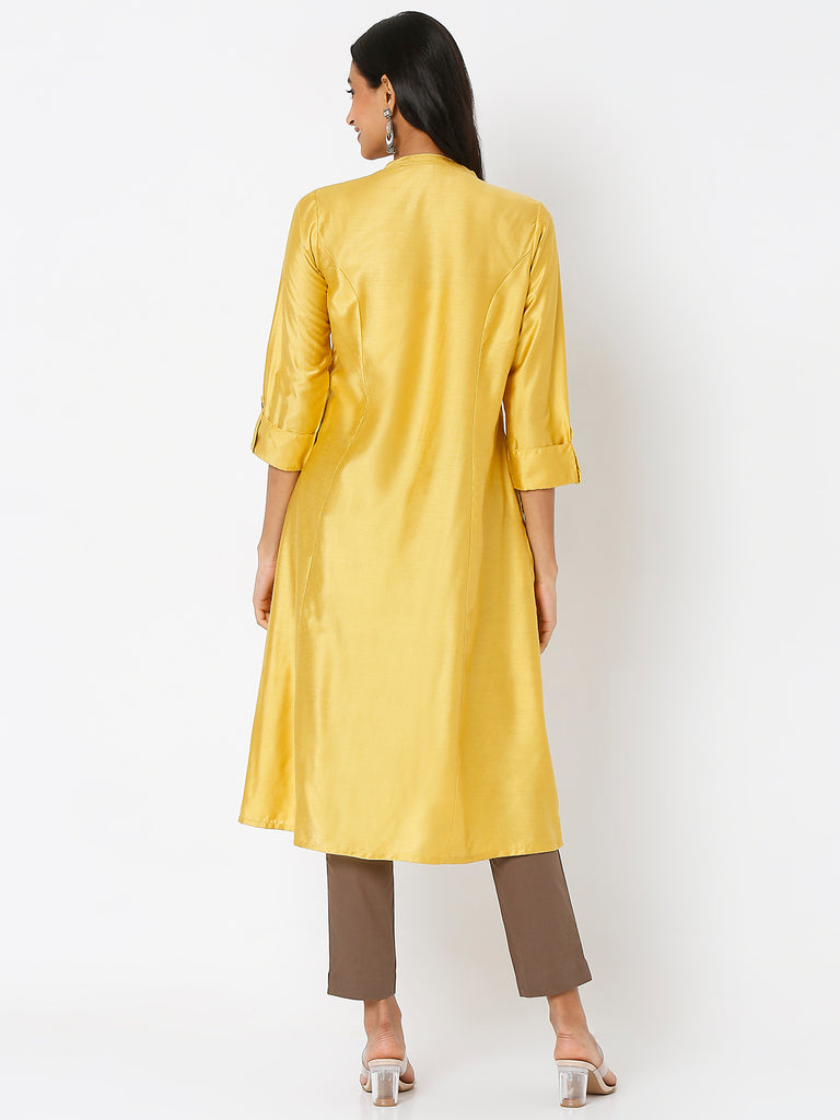 Women's Mustard Art Silk Printed Kurta