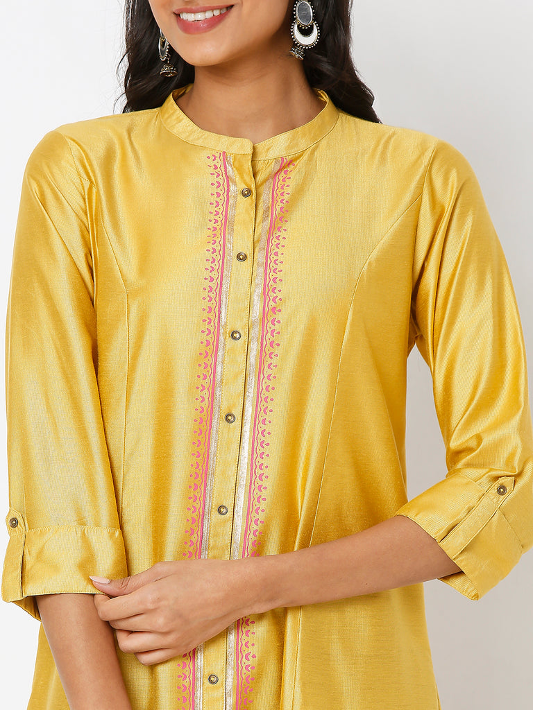 Women's Mustard Art Silk Printed Kurta