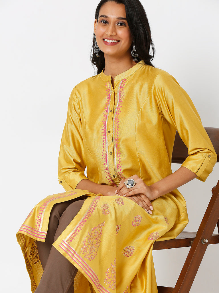 Women's Mustard Art Silk Printed Kurta