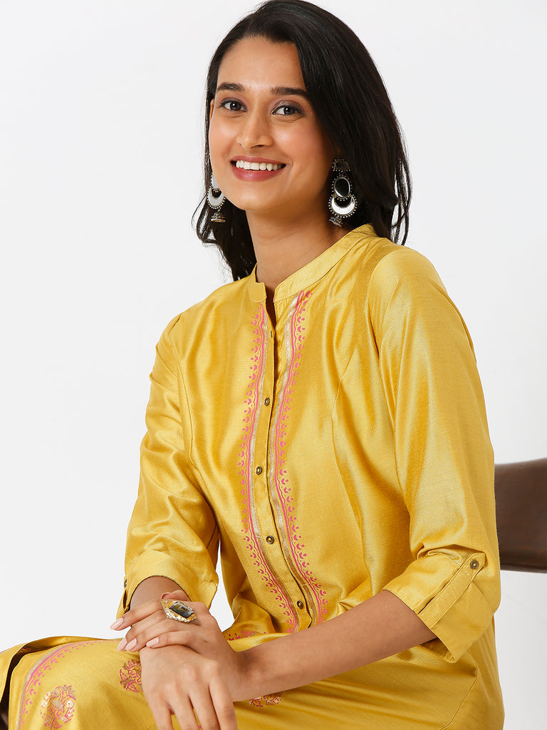 Women's Mustard Art Silk Printed Kurta