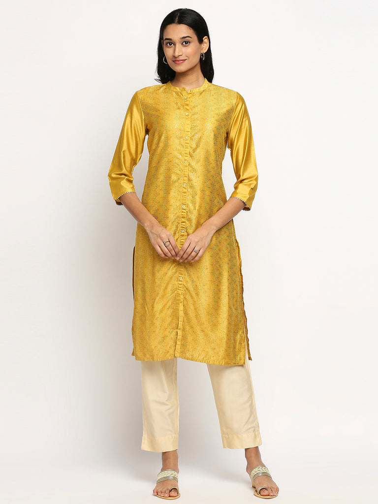 Women's Mustard Art Silk Printed Kurta