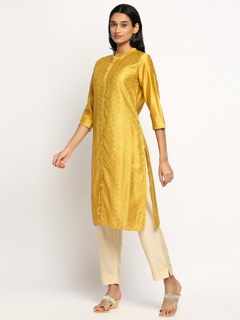 Women's Mustard Art Silk Printed Kurta