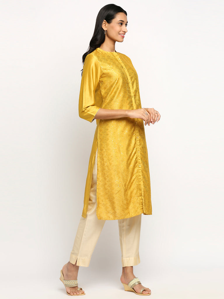 Women's Mustard Art Silk Printed Kurta