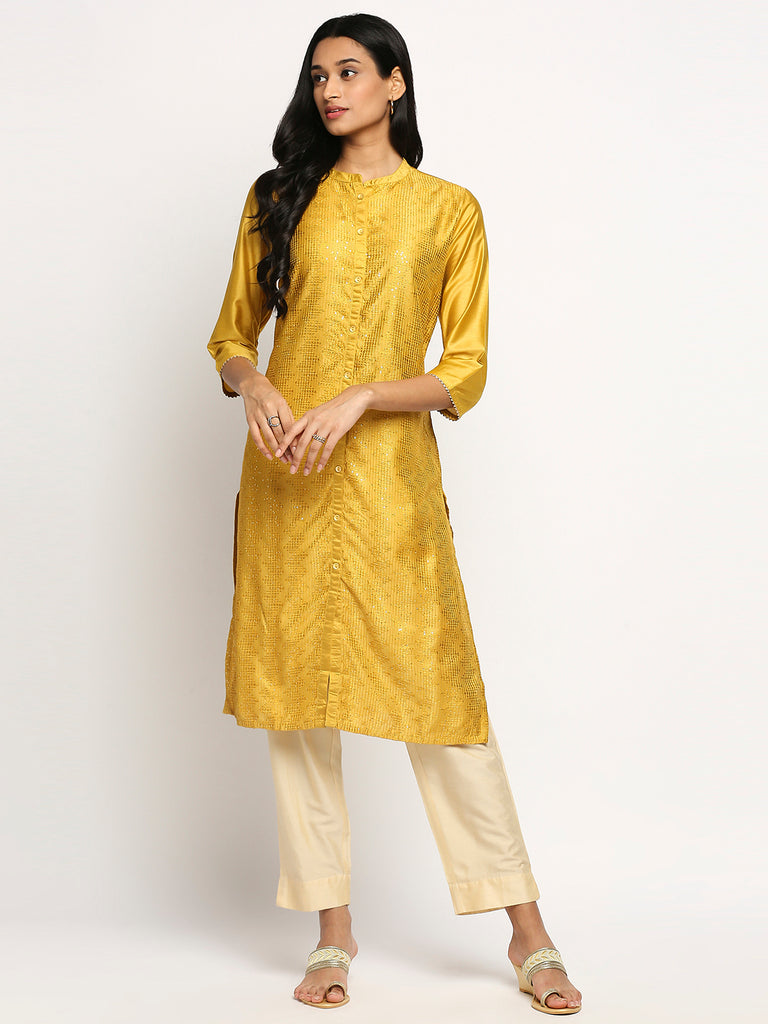 Women's Mustard Art Silk Printed Kurta