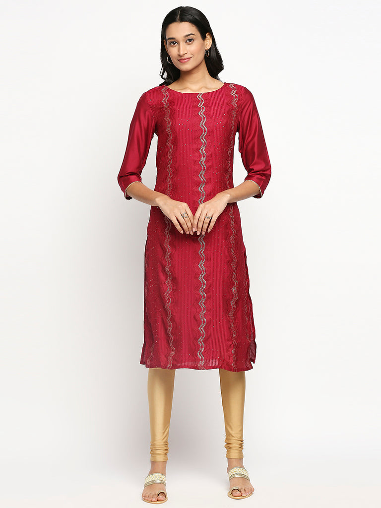 Women's Fucshia Art Silk Printed Kurta