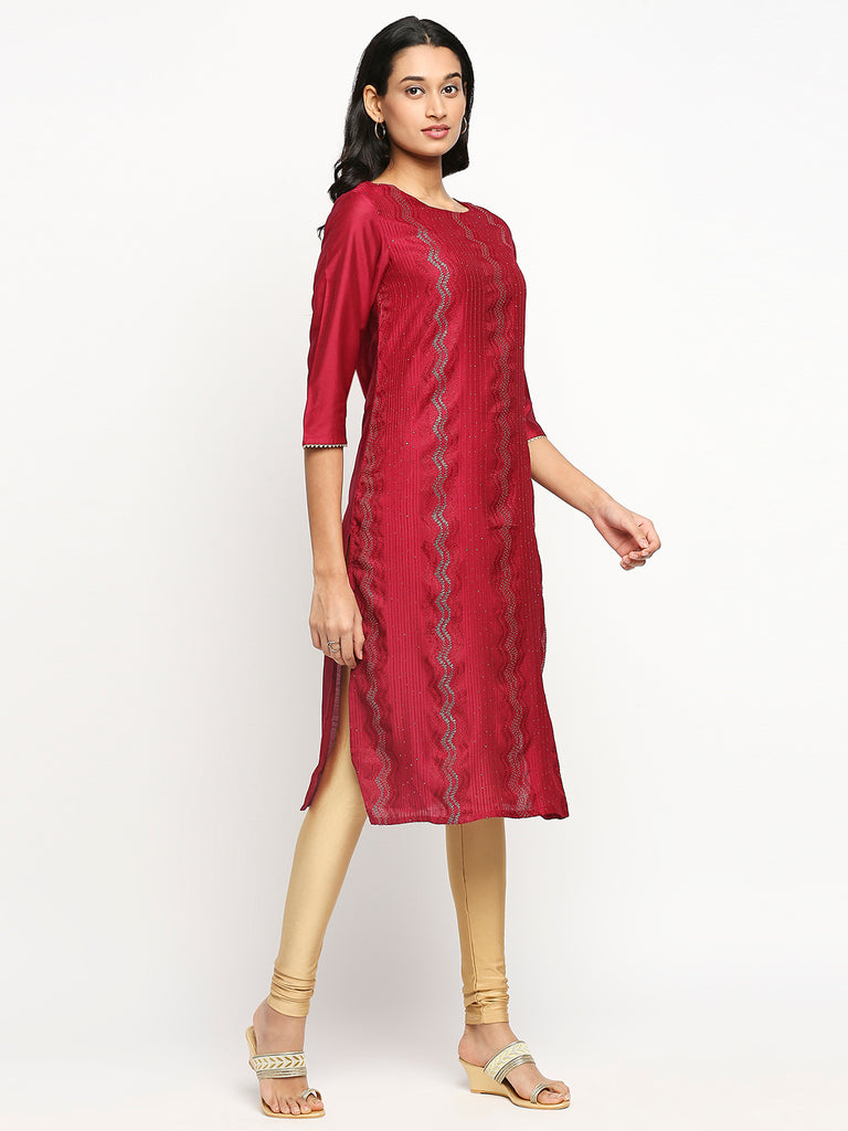 Women's Fucshia Art Silk Printed Kurta