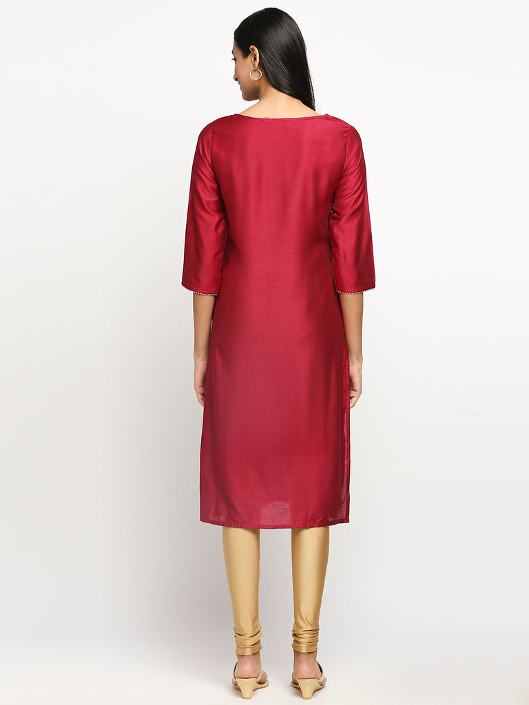 Women's Fucshia Art Silk Printed Kurta