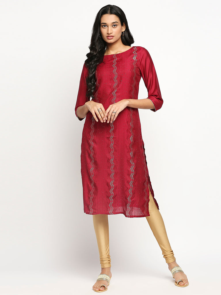 Women's Fucshia Art Silk Printed Kurta