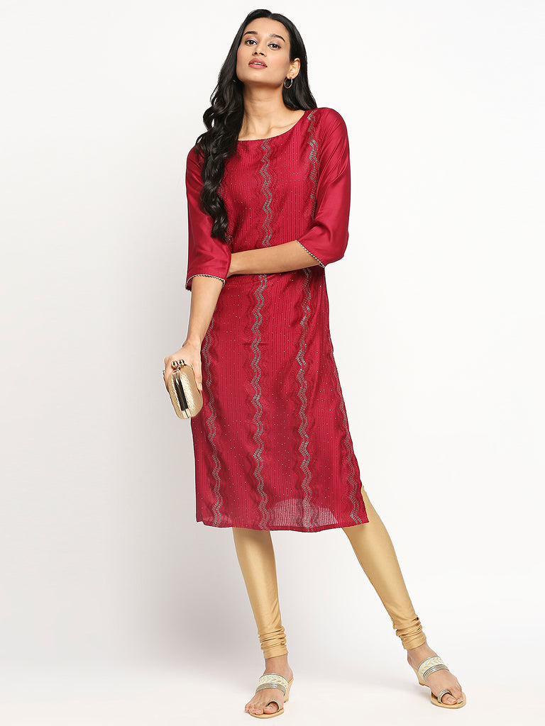 Women's Fucshia Art Silk Printed Kurta