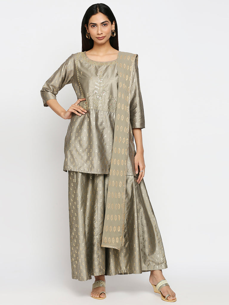 Women's Grey Art Silk Printed Salwar Kurta Dupatta