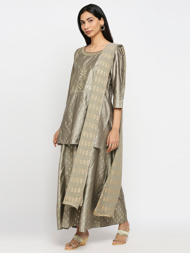 Women's Grey Art Silk Printed Salwar Kurta Dupatta