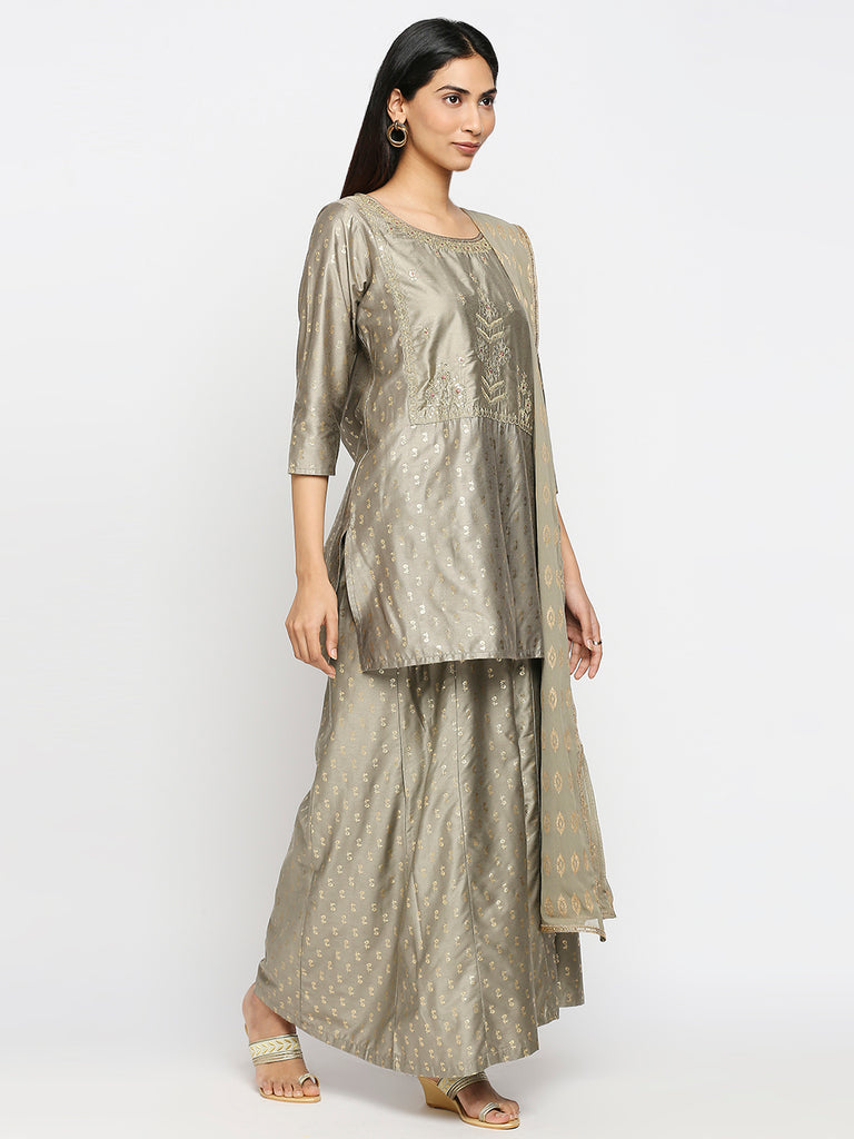 Women's Grey Art Silk Printed Salwar Kurta Dupatta