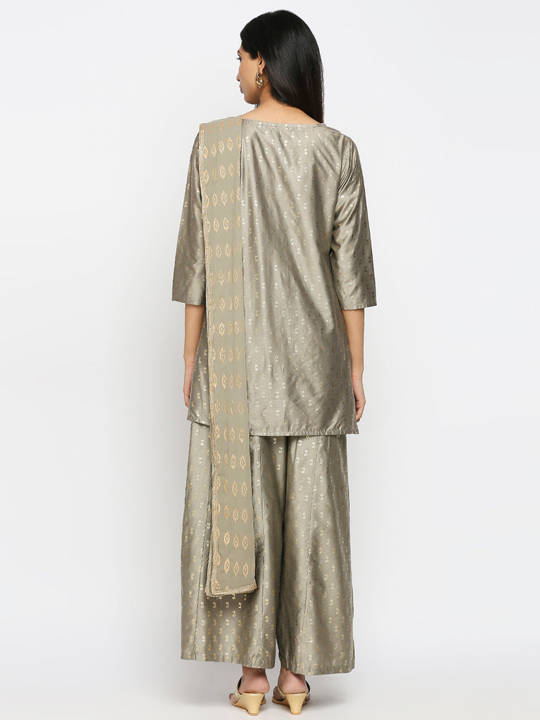 Women's Grey Art Silk Printed Salwar Kurta Dupatta