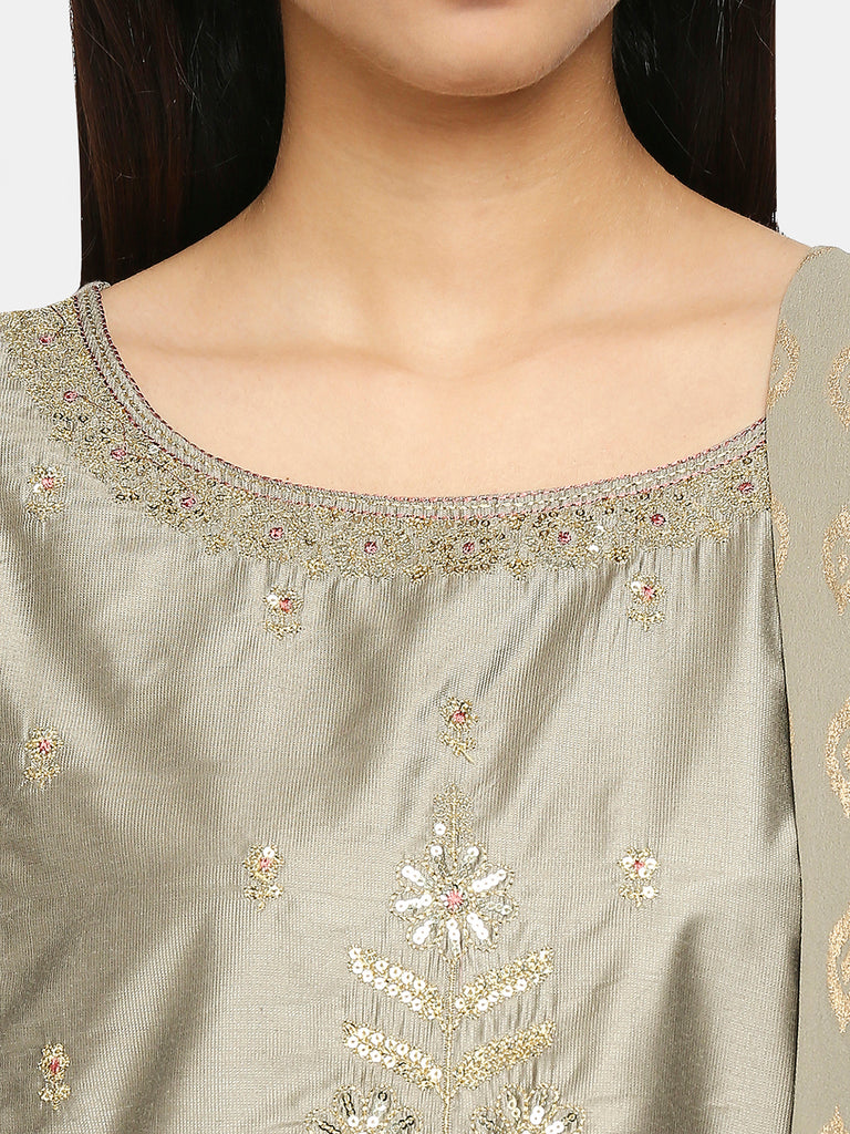 Women's Grey Art Silk Printed Salwar Kurta Dupatta
