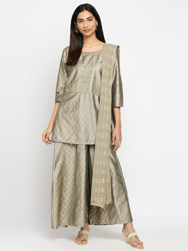 Women's Grey Art Silk Printed Salwar Kurta Dupatta