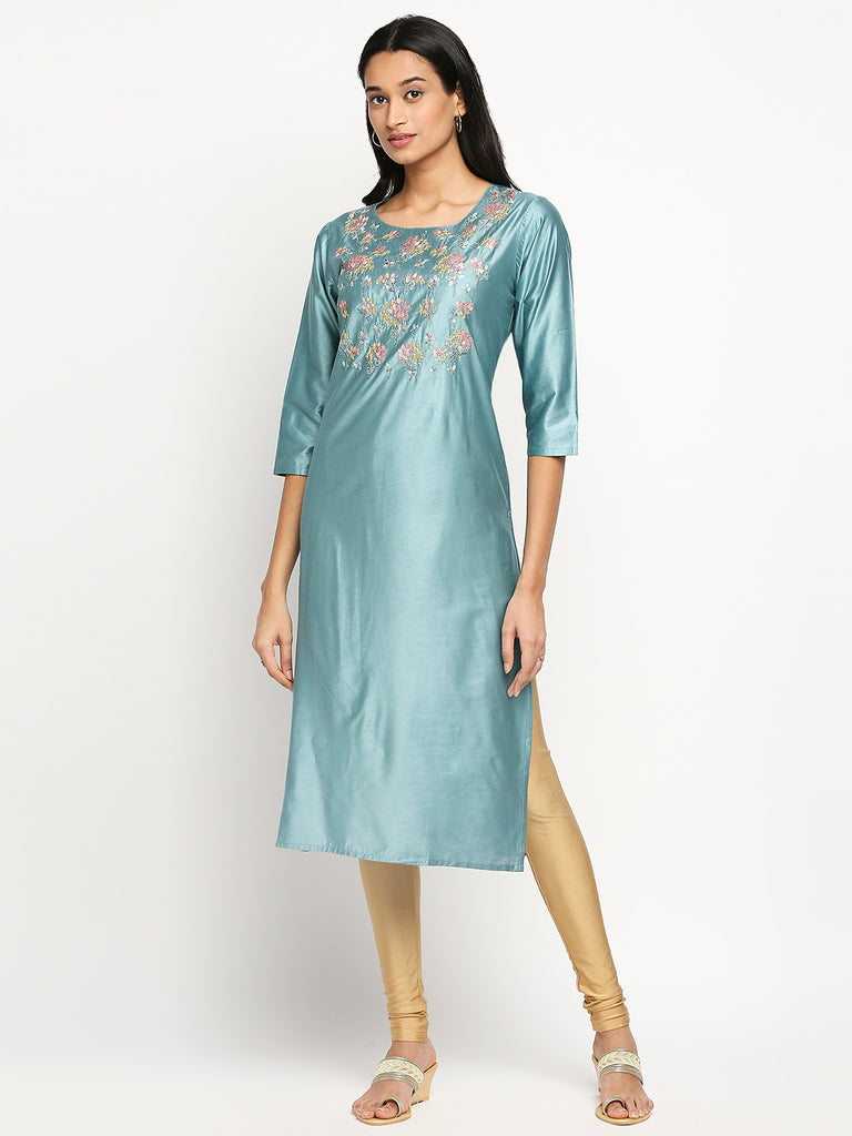 Women's Teal Art Silk Printed Kurta