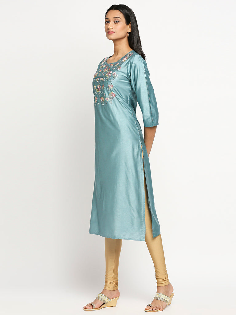 Women's Teal Art Silk Printed Kurta