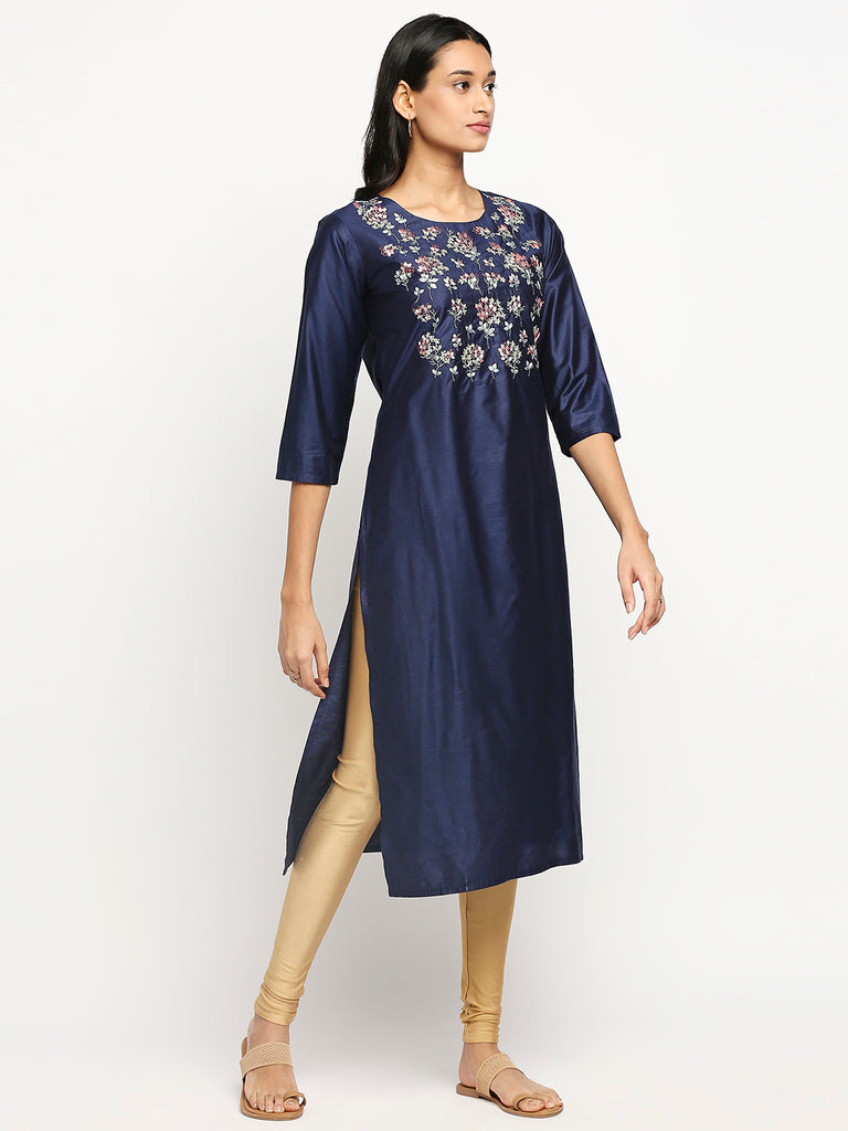 Women's Navy Art Silk Printed Kurta