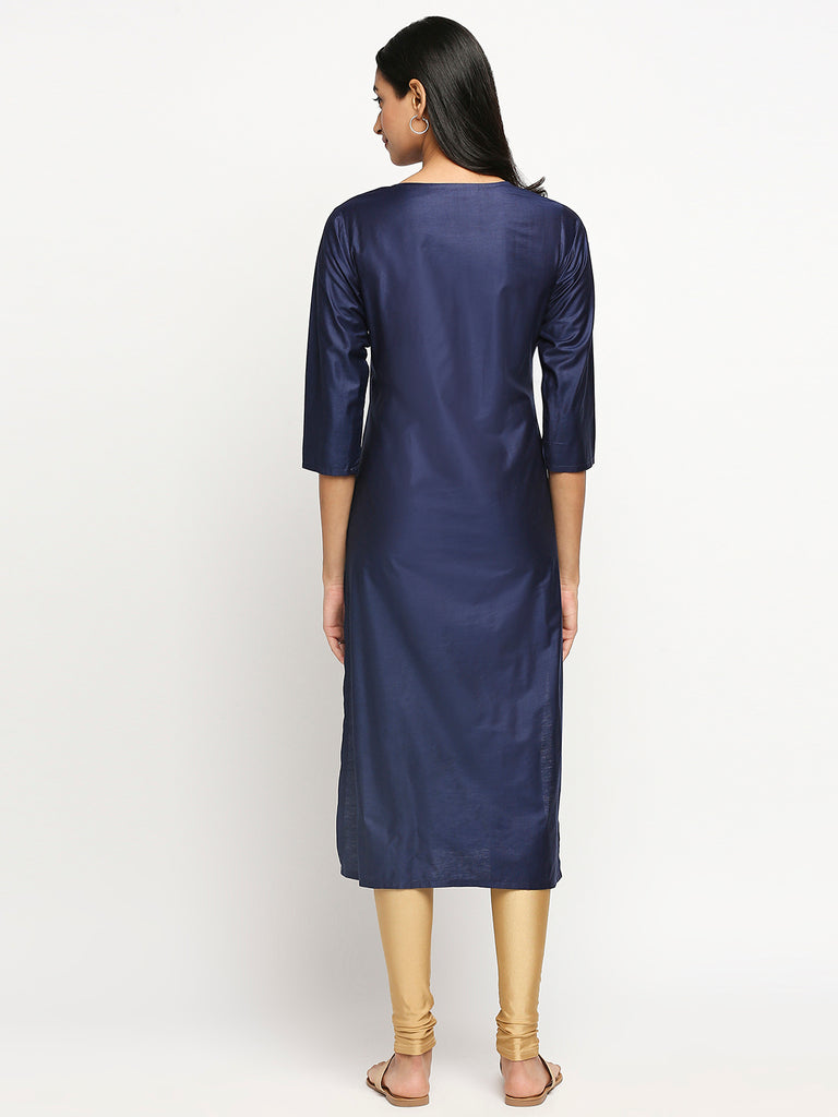 Women's Navy Art Silk Printed Kurta