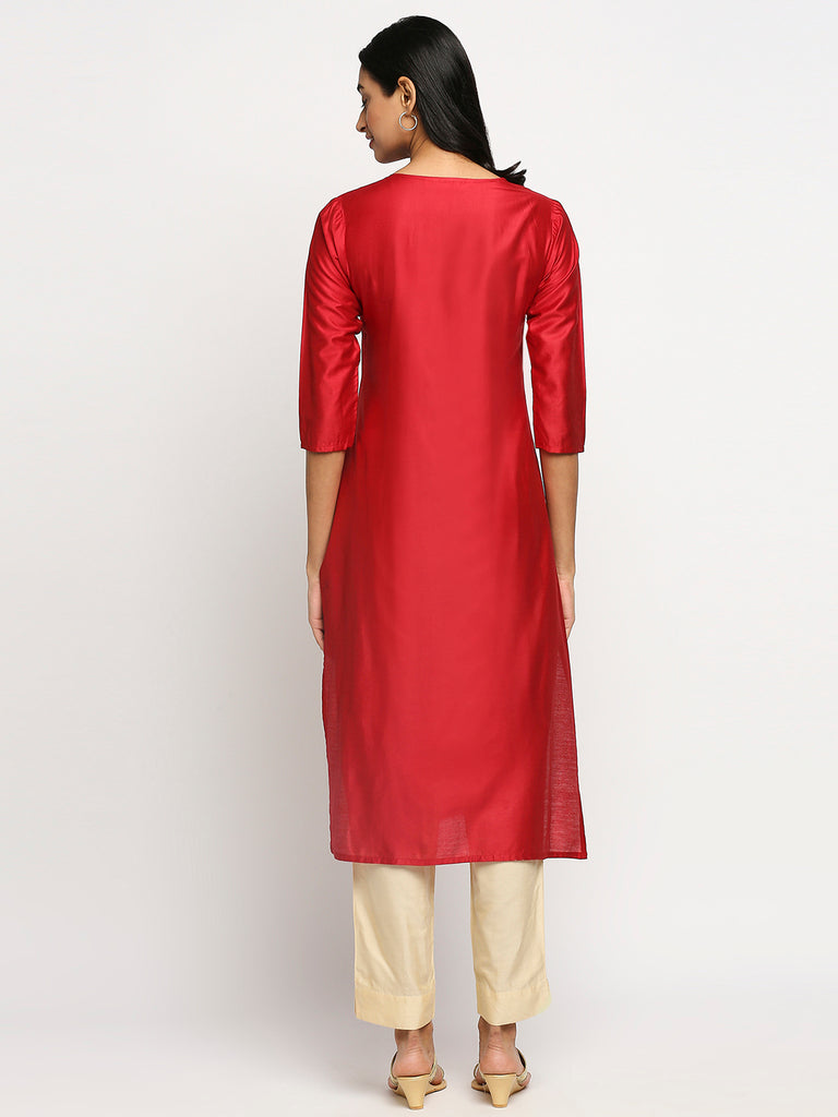 Women's Red Art Silk Printed Kurta