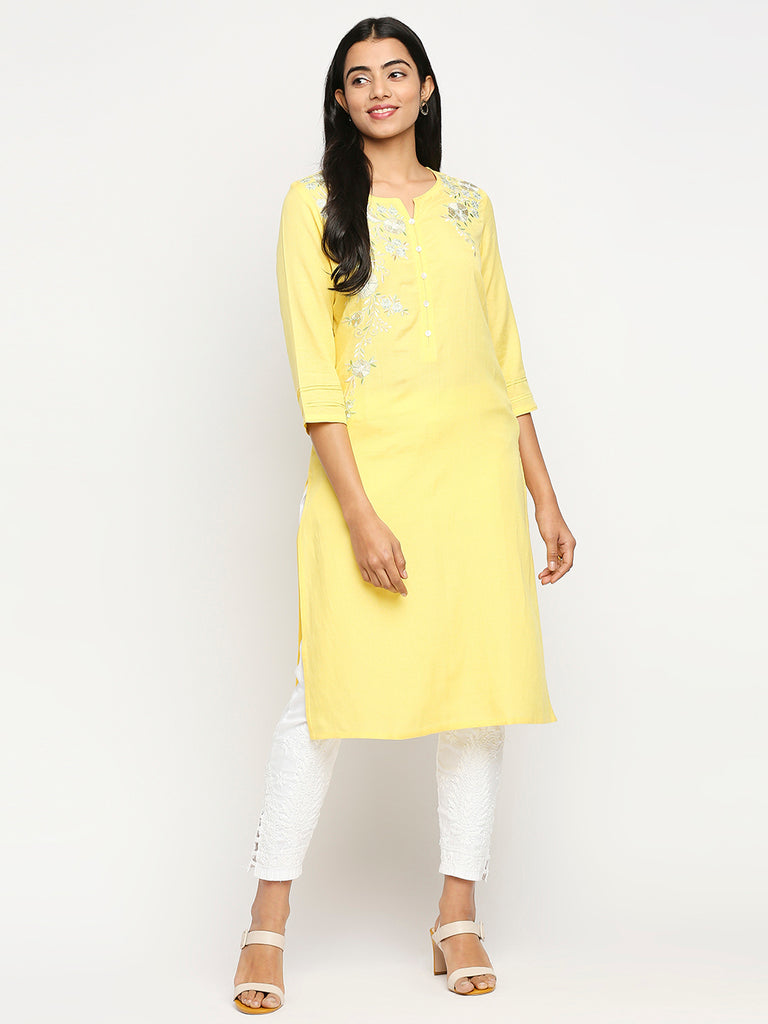 Women's Yellow Rayon Flax  Kurta