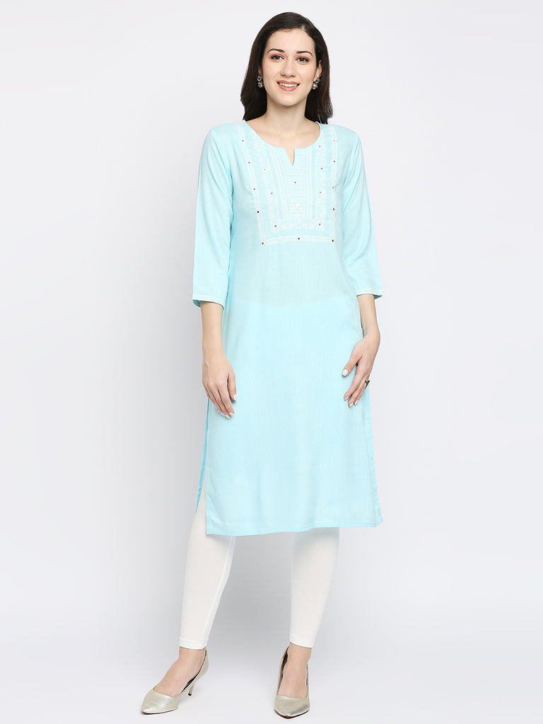 Women's Blue Rayon Embroidered Kurta
