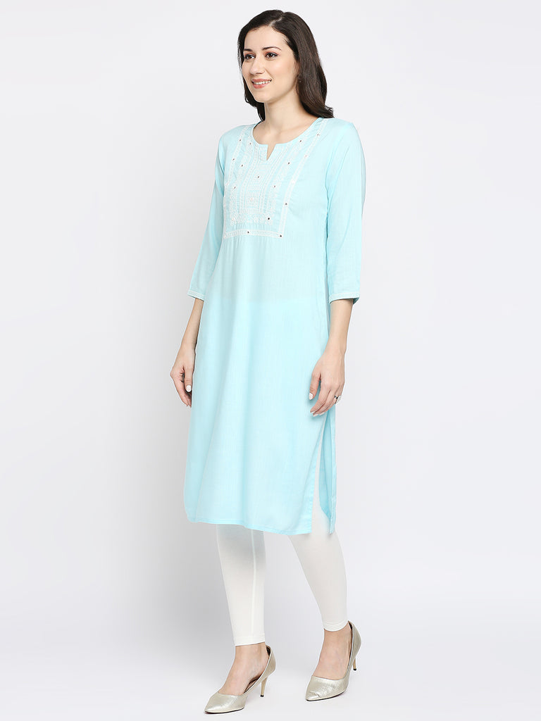 Women's Blue Rayon Embroidered Kurta