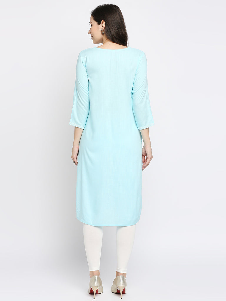 Women's Blue Rayon Embroidered Kurta