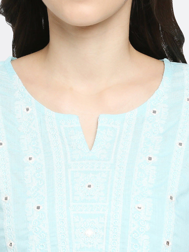 Women's Blue Rayon Embroidered Kurta