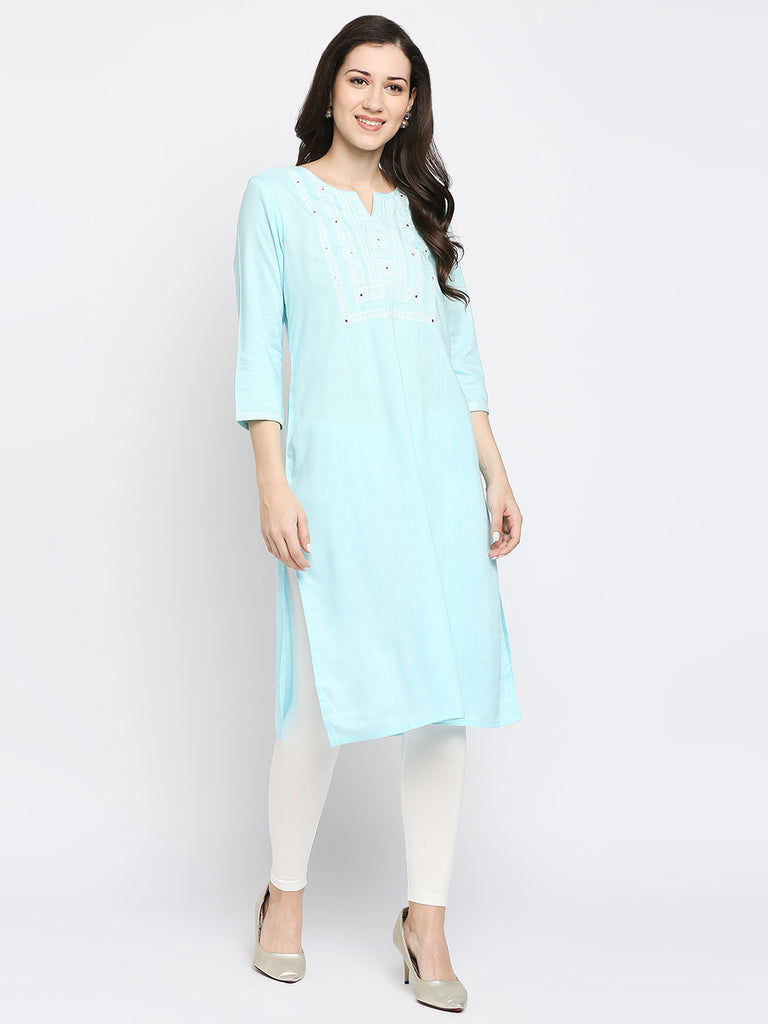 Women's Blue Rayon Embroidered Kurta